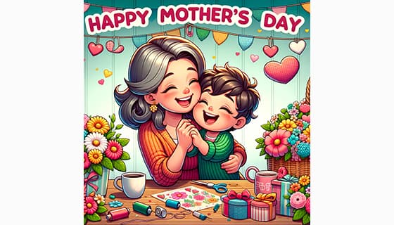 母子俩拥抱在一起庆祝母亲节快乐插画图片素材(JPG)