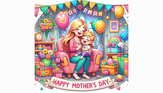 母子俩拥抱在一起庆祝母亲节快乐插画图片素材(JPG)