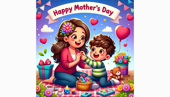 母子俩一起庆祝母亲节快乐插画图片素材(JPG)