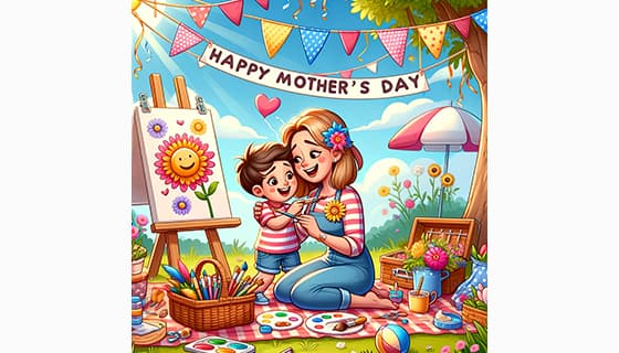 母子俩在户外画画庆祝母亲节快乐插画图片素材(JPG)