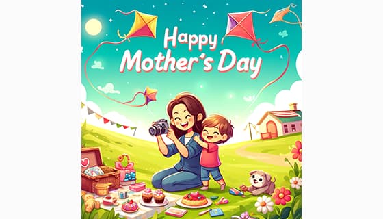 母子俩在户外开心庆祝母亲节快乐插画图片素材(JPG)