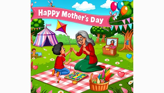 母子俩在户外开心庆祝母亲节快乐插画图片素材(JPG)