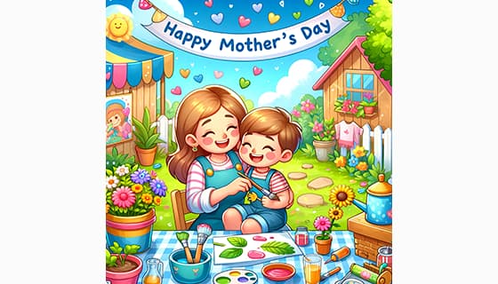 母子俩在户外画画庆祝母亲节快乐插画图片素材(JPG)