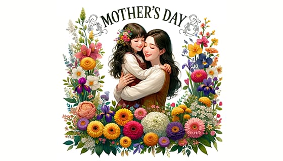 母女拥抱在花朵中间设计母亲节快乐插画图片素材(JPG)