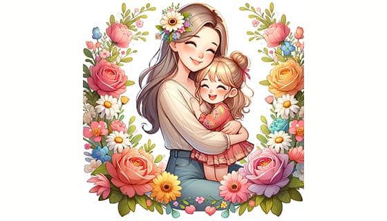 母女拥抱在花朵中间设计母亲节快乐插画图片素材(JPG)