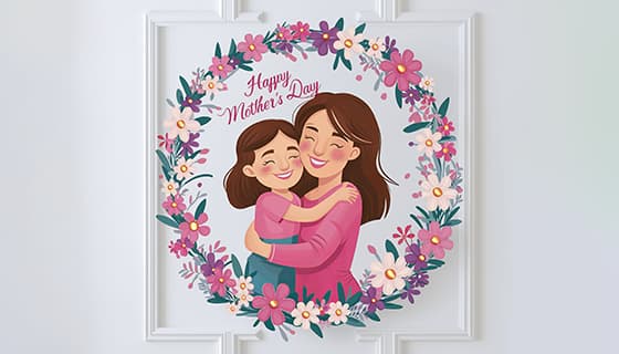 漂亮的花环内母女拥抱设计母亲节快乐图片素材(JPG)