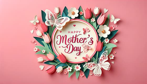 漂亮的花朵和蝴蝶设计粉色母亲节快乐贺卡/背景图片素材(JPG)