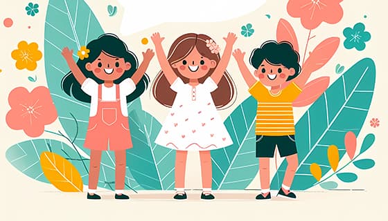 三个小朋友举起双手庆祝六一儿童节图片素材(JPG)