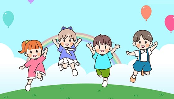 草地上跳跃起来的小朋友设计六一儿童节背景矢量素材(EPS)
