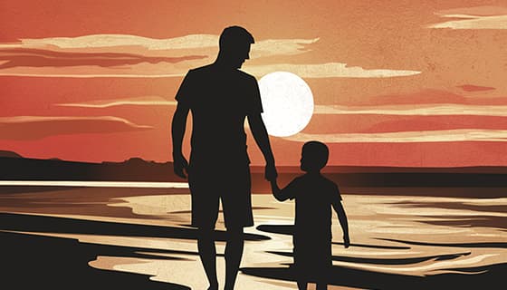 爸爸牵着儿子在海边散步设计父亲节背景图片素材(PSD)