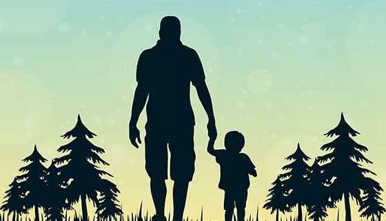 爸爸牵着孩子在森林里散步设计父亲节背景图片矢量素材(EPS)