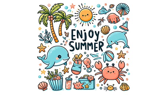 太阳椰子树海豚蟹子等设计夏天图片素材(JPG)