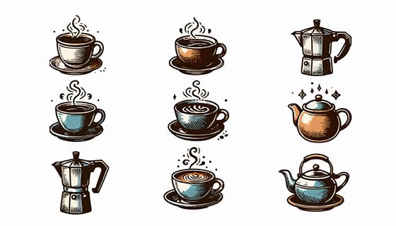 九个手绘风格的咖啡和咖啡壶矢量素材(EPS)