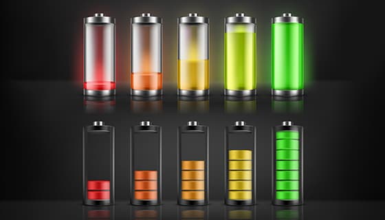 十个不同电量和颜色的立体电池矢量素材(EPS)