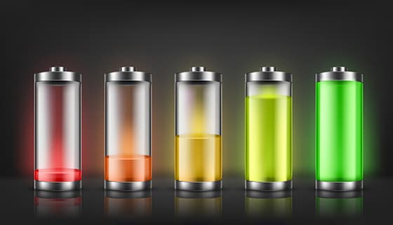 五个不同电量颜色的立体电池矢量素材(EPS)