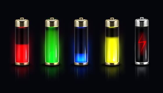 五个不同颜色和电量的电池矢量素材(AI/EPS)
