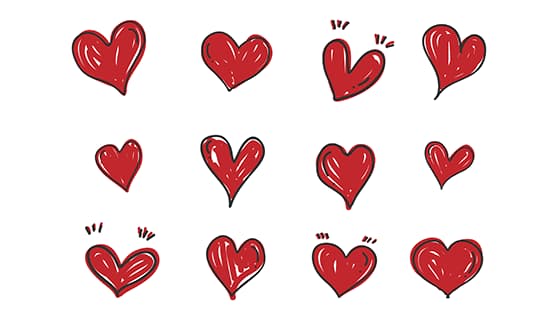 12个手绘涂鸦风格的红色爱心矢量素材(EPS)