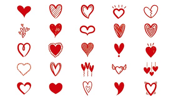 25个手绘涂鸦风格的红色爱心矢量素材(EPS)