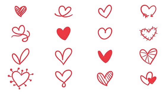 16个手绘涂鸦风格的红色爱心矢量素材(AI/EPS)
