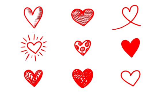 九个手绘涂鸦风格的红色爱心矢量素材(EPS)