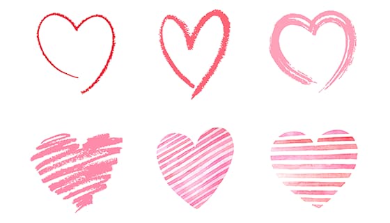 六个手绘涂鸦风格的红色爱心矢量素材(EPS)
