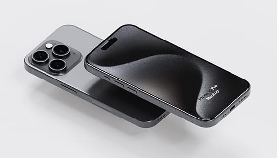 平放着的黑色钛金属 iPhone 15 Pro Max 手机素材(PSD)