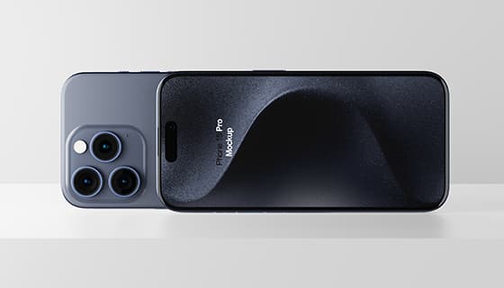 横着放的蓝色钛金属 iPhone 15 Pro Max 手机素材(PSD)