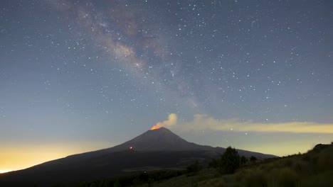 喷发的火山和上方的银河延时摄影