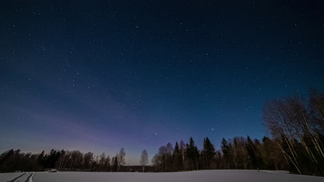 冬天森林雪地上空的银河系星空延时摄影