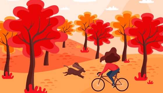 骑自行车的女子秋天背景矢量素材(EPS/AI)