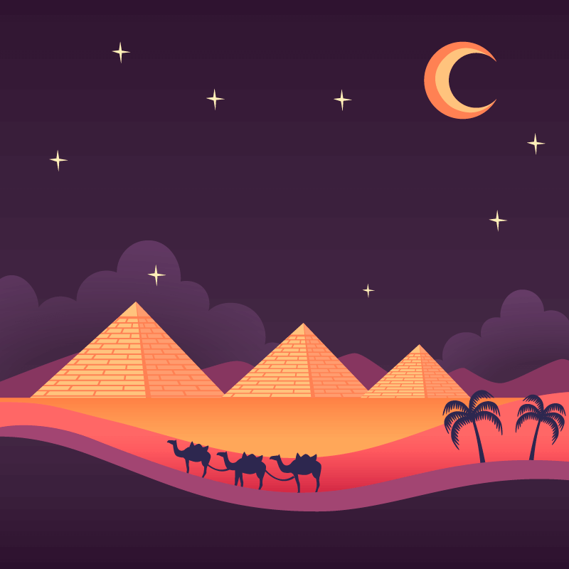 埃及金字塔和骆驼商队夜景矢量素材(EPS/AI)