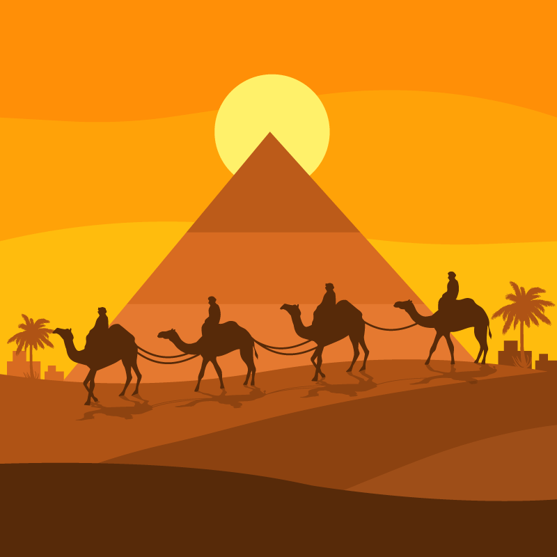 埃及金字塔和骆驼商队夜景矢量素材(EPS/AI)