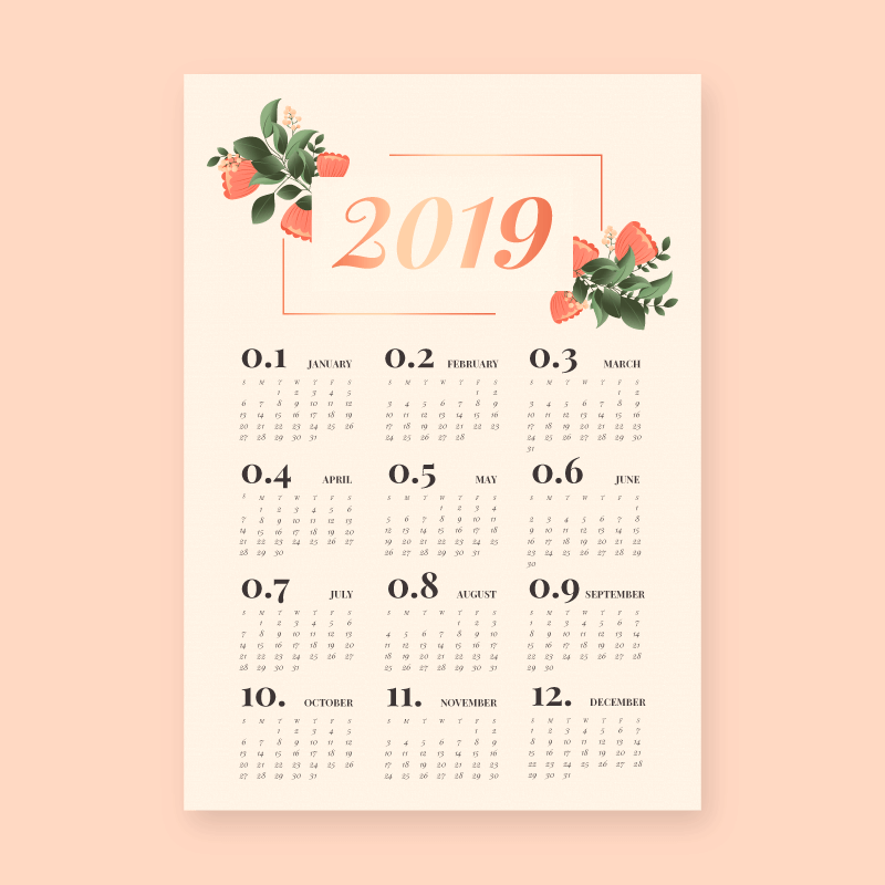漂亮花卉装饰的2019日历矢量素材(EPS/AI)