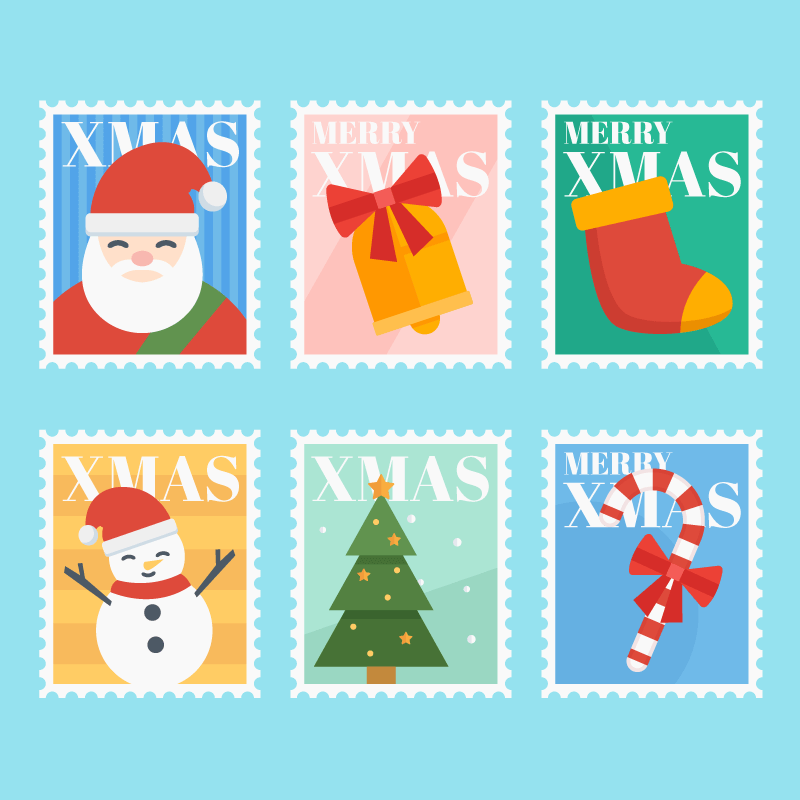 圣诞节多彩邮票矢量素材(EPS/AI/免扣PNG)
