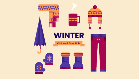 扁平英伦风格冬天衣物和必需品矢量素材(EPS/AI/PNG)