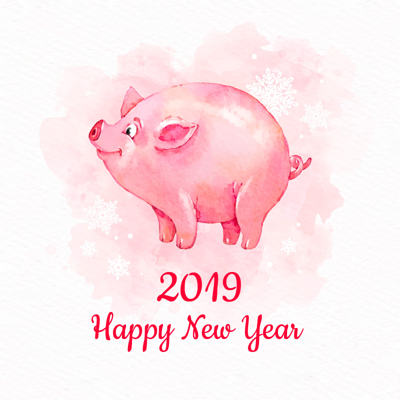 水彩风格小猪新年快乐矢量素材(EPS/AI)