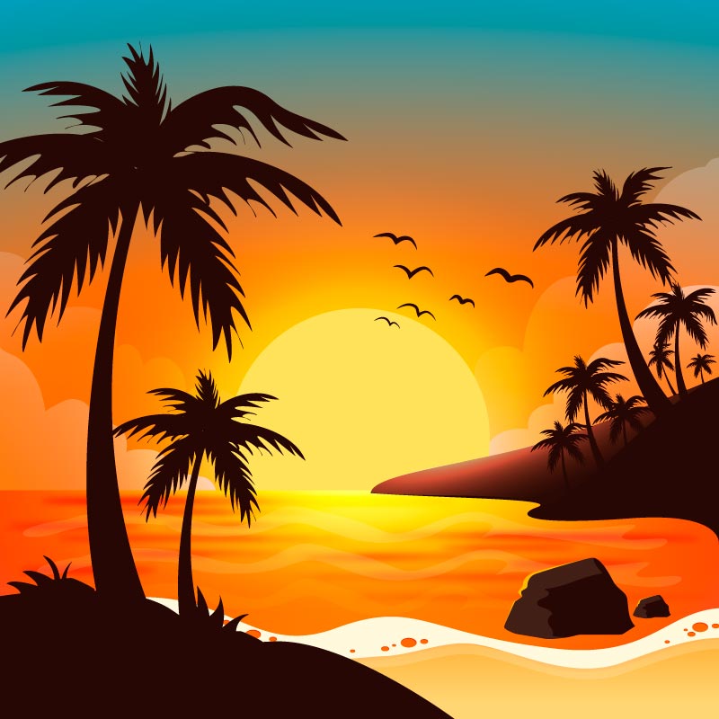 夏日海滩日落景观矢量素材(AI/EPS)