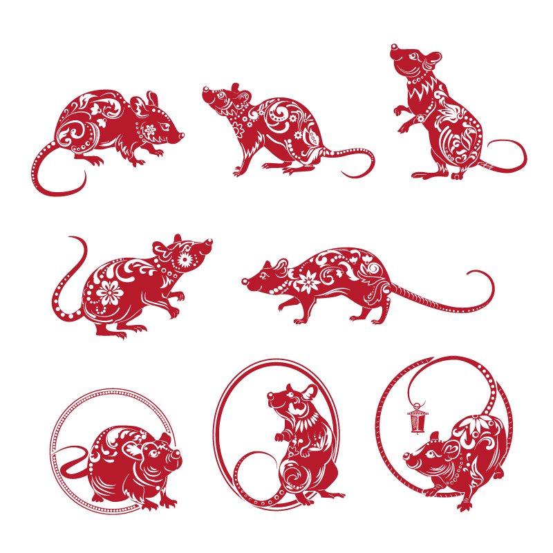 红色老鼠剪纸集合矢量素材(EPS/免扣PNG)