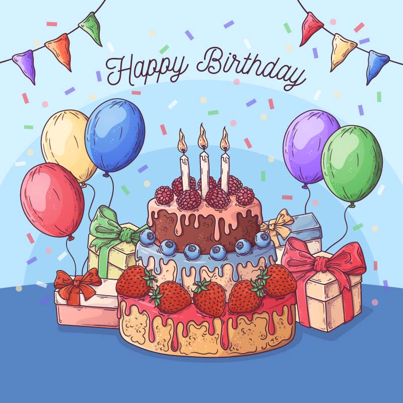 手绘蛋糕和气球生日快乐背景矢量素材(AI/EPS/免扣PNG)