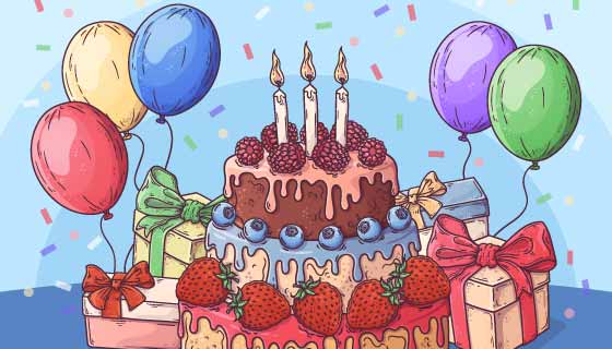手绘蛋糕和气球生日快乐背景矢量素材(AI/EPS/PNG)