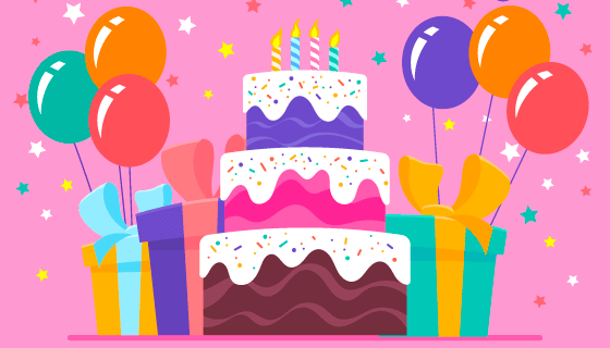 蛋糕和气球生日快乐背景矢量素材(AI/EPS/PNG)