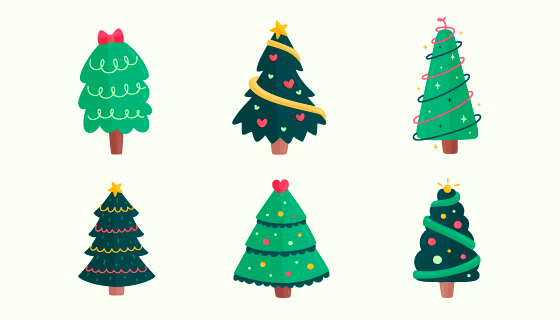 六棵扁平风格圣诞树矢量素材(AI/EPS/PNG)