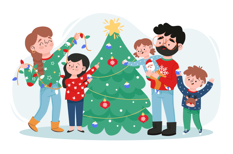 一家人快乐的装饰圣诞树矢量素材(AI/EPS/免扣PNG)