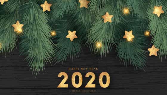 绿色树枝和金色星星2020新年快乐背景矢量素材(EPS/PNG)