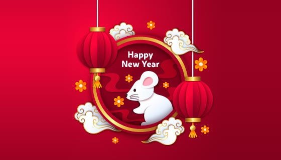可爱小白鼠新年快乐背景矢量素材(AI/EPS)