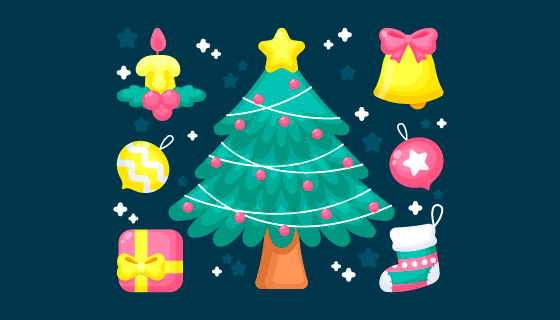可爱的圣诞树和装饰品矢量素材(AI/EPS/PNG)