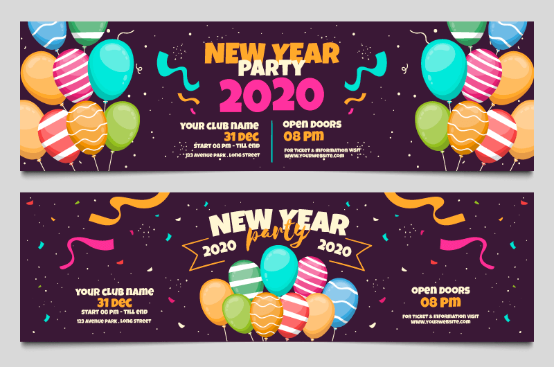 手绘气球2020新年快乐派对banner矢量素材(AI/EPS/免扣PNG)