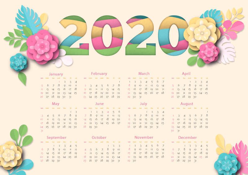 漂亮花卉2020年日历矢量素材(AI/EPS)