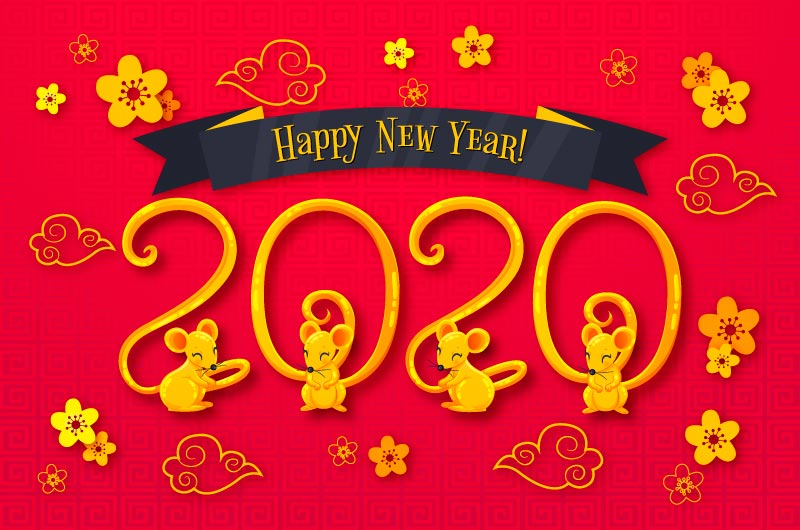 金色老鼠2020新年快乐矢量素材(AI/EPS)