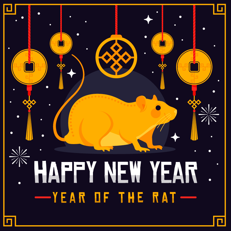 金色老鼠铜钱2020鼠年新年快乐矢量素材(AI/EPS/免扣PNG)